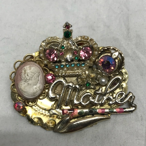 Rare vintage gold tone MOTHER brooch pin with rhinestones cameo crystals wow!